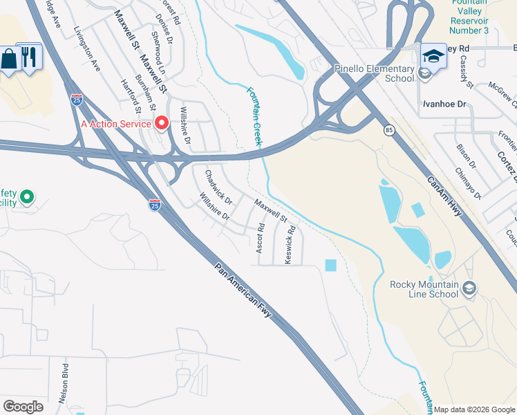 map of restaurants, bars, coffee shops, grocery stores, and more near 1607 Maxwell Street in Colorado Springs
