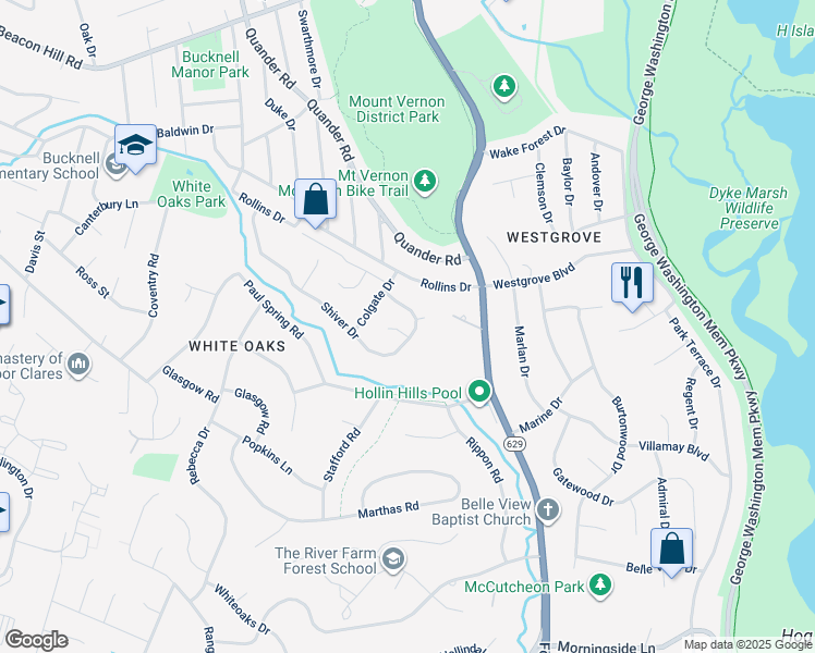 map of restaurants, bars, coffee shops, grocery stores, and more near 1900 Joliette Court in Alexandria