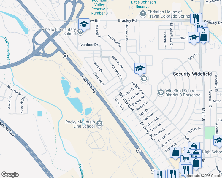 map of restaurants, bars, coffee shops, grocery stores, and more near 2502 Chimayo Drive in Colorado Springs