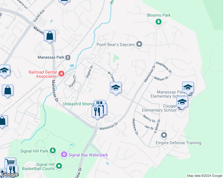 map of restaurants, bars, coffee shops, grocery stores, and more near 9404 Wilcoxen Drive in Manassas Park