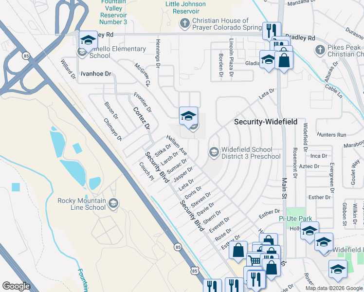 map of restaurants, bars, coffee shops, grocery stores, and more near 1813 Hallam Avenue in Colorado Springs