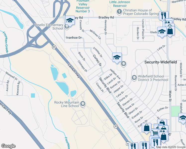 map of restaurants, bars, coffee shops, grocery stores, and more near 2502 Chimayo Drive in Colorado Springs