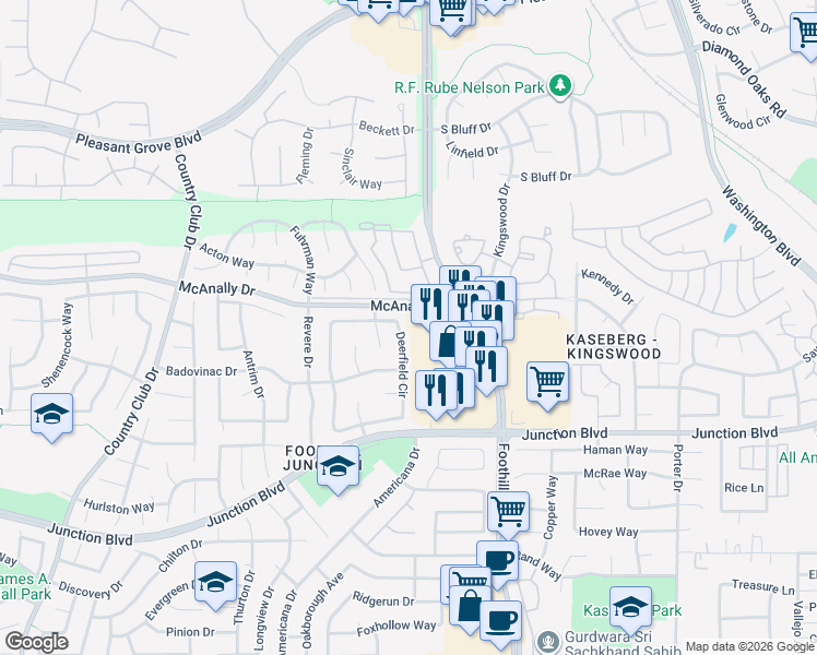 map of restaurants, bars, coffee shops, grocery stores, and more near 1454 Deerfield Circle in Roseville