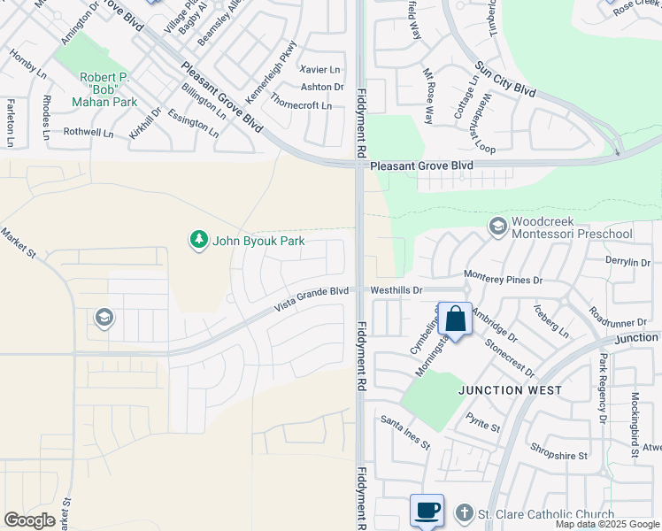 map of restaurants, bars, coffee shops, grocery stores, and more near Fiddyment Road in Roseville