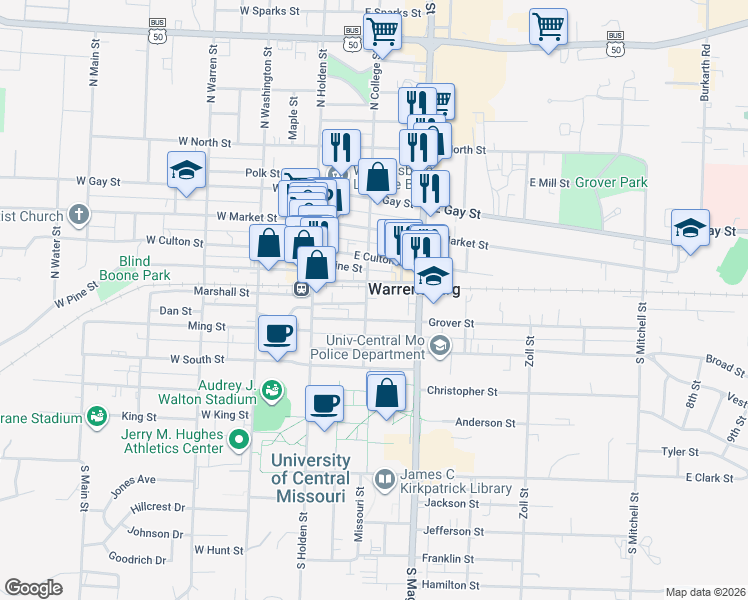map of restaurants, bars, coffee shops, grocery stores, and more near 101 North College Street in Warrensburg