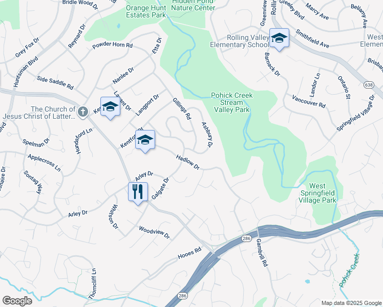 map of restaurants, bars, coffee shops, grocery stores, and more near 7023 Ashbury Drive in Springfield