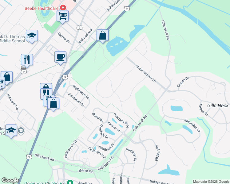 map of restaurants, bars, coffee shops, grocery stores, and more near 16057 Derby Drive in Lewes