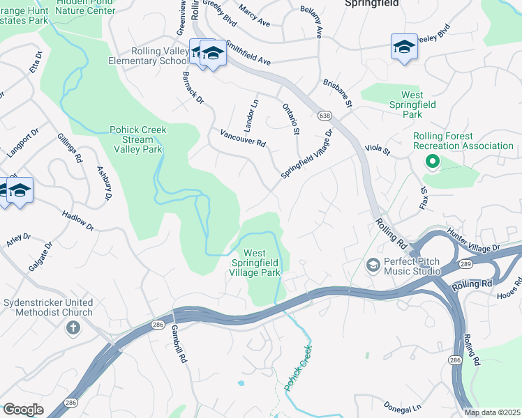 map of restaurants, bars, coffee shops, grocery stores, and more near 8205 Springfield Village Drive in Springfield