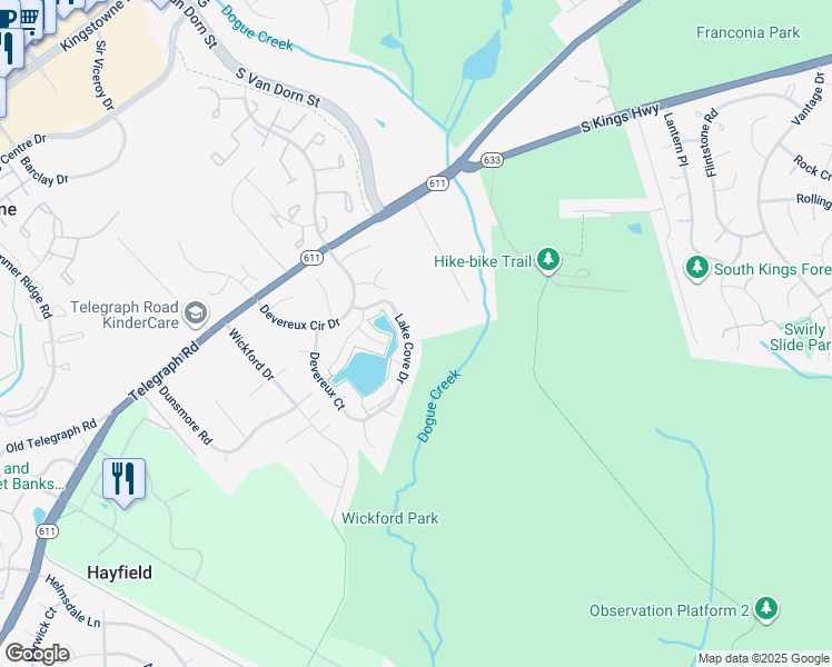 map of restaurants, bars, coffee shops, grocery stores, and more near 7141 Lake Cove Drive in Alexandria