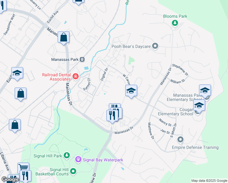 map of restaurants, bars, coffee shops, grocery stores, and more near 9265 Kristy Drive in Manassas Park