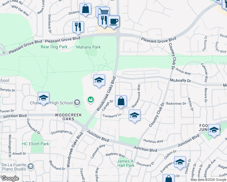 map of restaurants, bars, coffee shops, grocery stores, and more near 1060 Caragh Street in Roseville