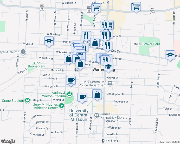 map of restaurants, bars, coffee shops, grocery stores, and more near 101 North College Street in Warrensburg