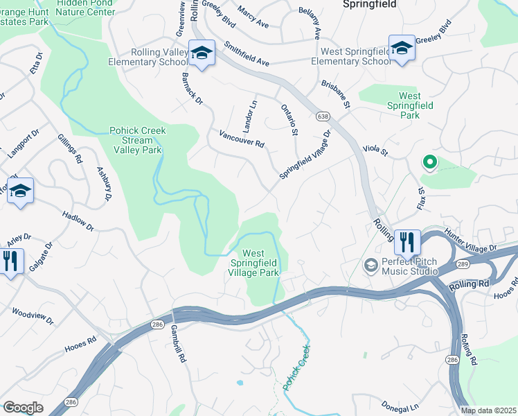 map of restaurants, bars, coffee shops, grocery stores, and more near 8205 Springfield Village Drive in Springfield