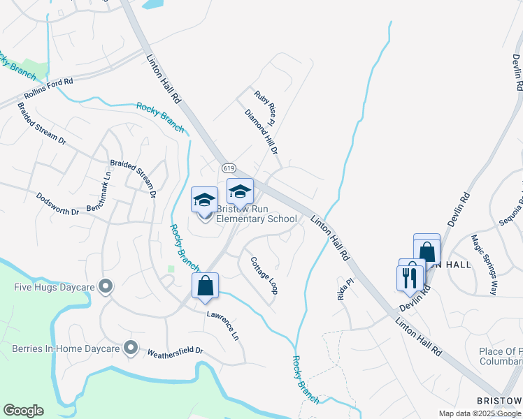 map of restaurants, bars, coffee shops, grocery stores, and more near 13170 Flynn Court in Bristow