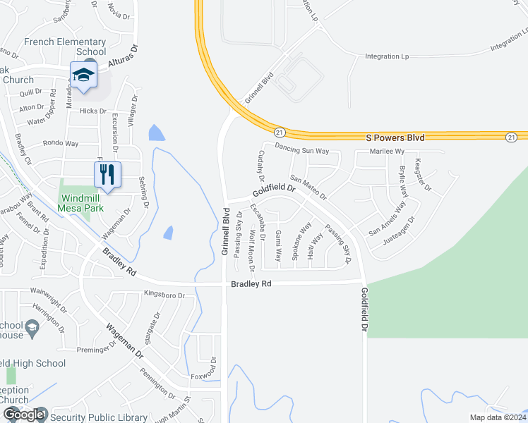 map of restaurants, bars, coffee shops, grocery stores, and more near 4768 Gami Way in Colorado Springs