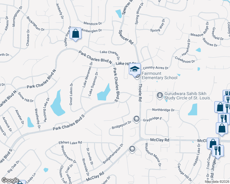 map of restaurants, bars, coffee shops, grocery stores, and more near 418 Park Charles Boulevard South in St. Peters