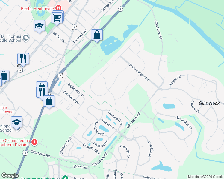 map of restaurants, bars, coffee shops, grocery stores, and more near 16057 Derby Drive in Lewes