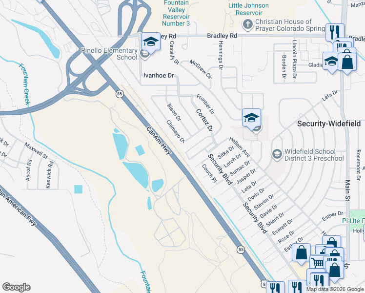 map of restaurants, bars, coffee shops, grocery stores, and more near 2534 Chimayo Drive in Colorado Springs