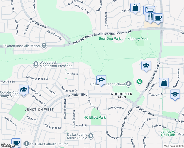 map of restaurants, bars, coffee shops, grocery stores, and more near 1732 Glastonbury Circle in Roseville
