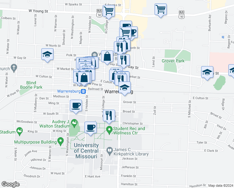 map of restaurants, bars, coffee shops, grocery stores, and more near in Warrensburg