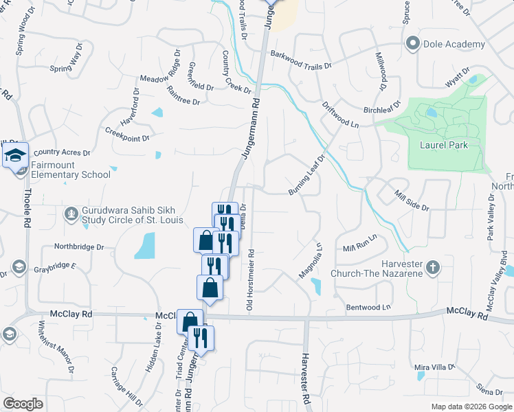 map of restaurants, bars, coffee shops, grocery stores, and more near 368 Horstmeier Road in St. Peters