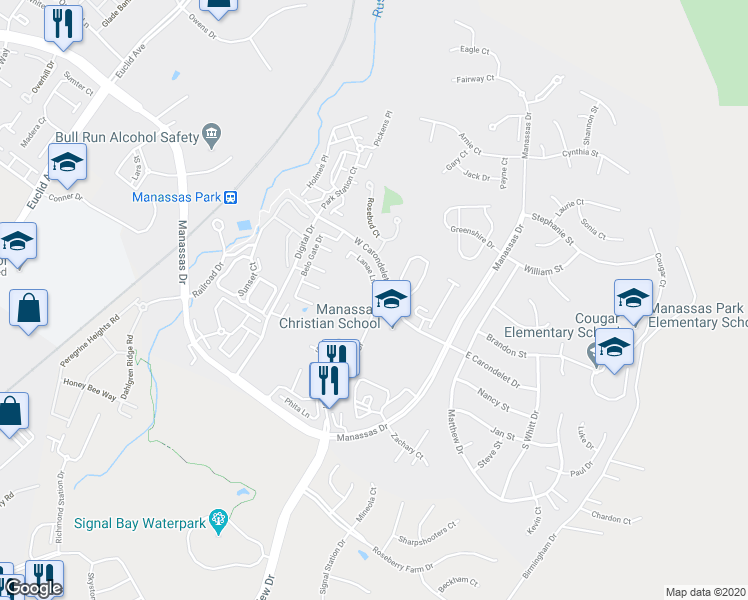 map of restaurants, bars, coffee shops, grocery stores, and more near 9406 Wilcoxen Drive in Manassas
