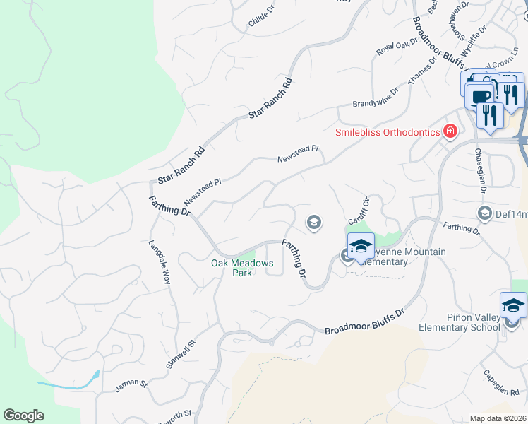 map of restaurants, bars, coffee shops, grocery stores, and more near 70 Lowick Drive in Colorado Springs