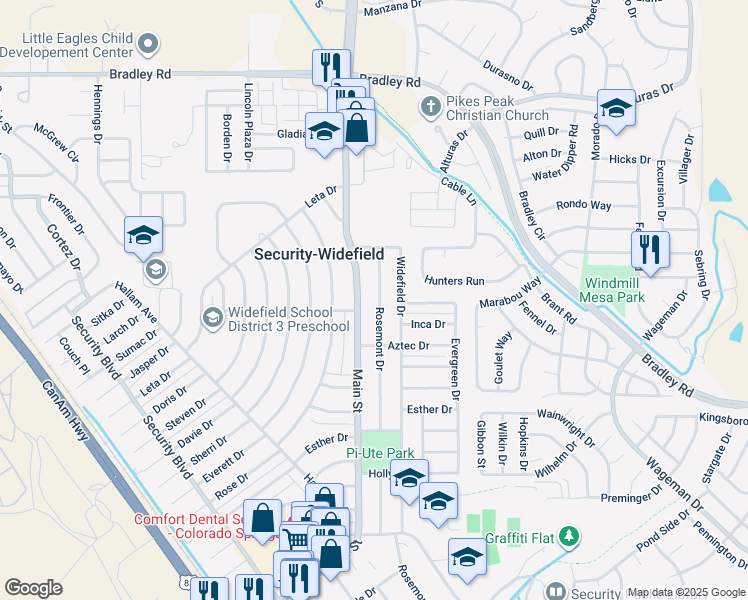 map of restaurants, bars, coffee shops, grocery stores, and more near 1604 Rosemont Drive in Colorado Springs