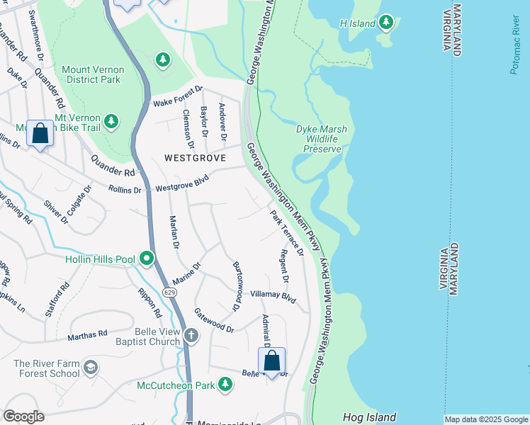 map of restaurants, bars, coffee shops, grocery stores, and more near 7116 Park Terrace Drive in Alexandria