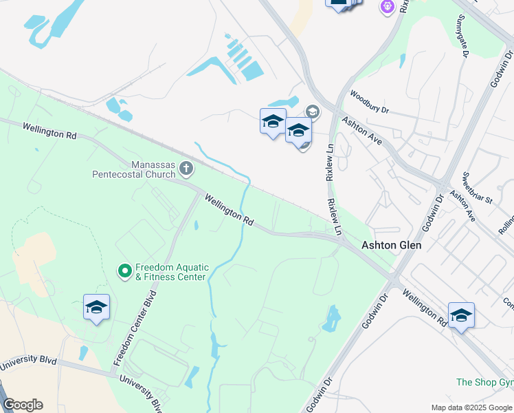 map of restaurants, bars, coffee shops, grocery stores, and more near 8893 Wellington Road in Manassas