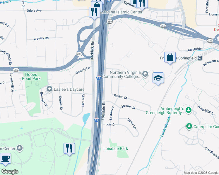 map of restaurants, bars, coffee shops, grocery stores, and more near 6915 Ruskin Street in Springfield