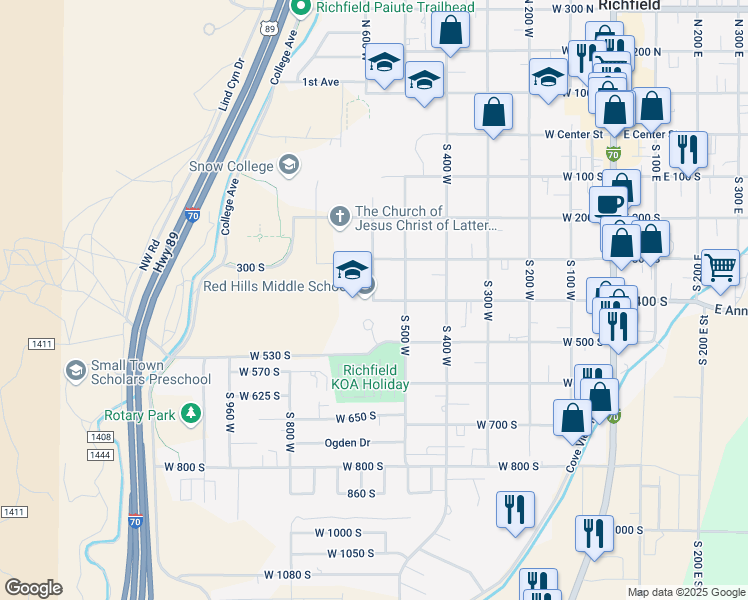 map of restaurants, bars, coffee shops, grocery stores, and more near 399 South 600 West in Richfield