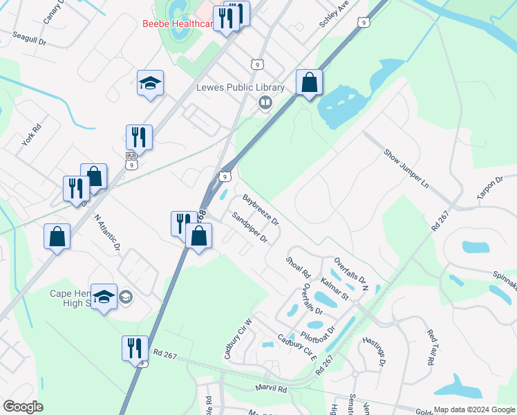map of restaurants, bars, coffee shops, grocery stores, and more near Ebbtide Drive in Lewes