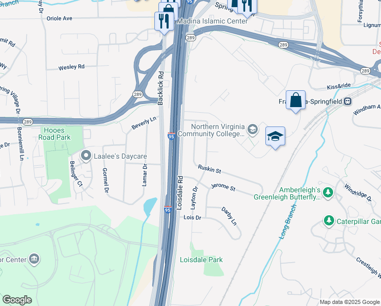 map of restaurants, bars, coffee shops, grocery stores, and more near 6915 Ruskin Street in Springfield