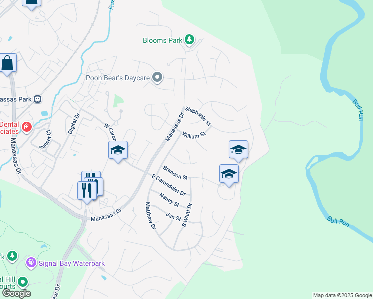 map of restaurants, bars, coffee shops, grocery stores, and more near 15346 Heather Court in Manassas Park
