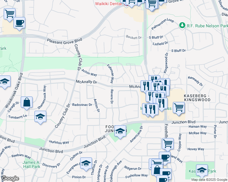 map of restaurants, bars, coffee shops, grocery stores, and more near 1648 Revere Drive in Roseville