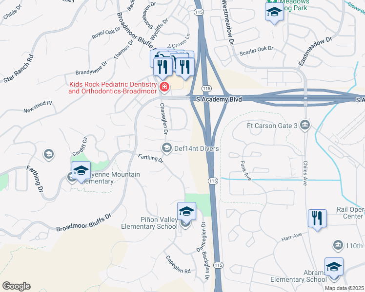 map of restaurants, bars, coffee shops, grocery stores, and more near 755 Robinglen Court in Colorado Springs