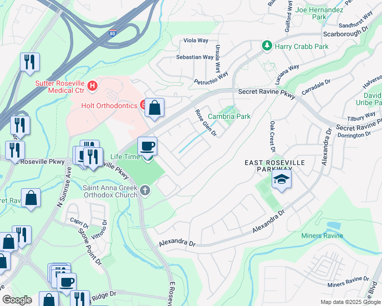 map of restaurants, bars, coffee shops, grocery stores, and more near 1532 Elk Ravine Way in Roseville