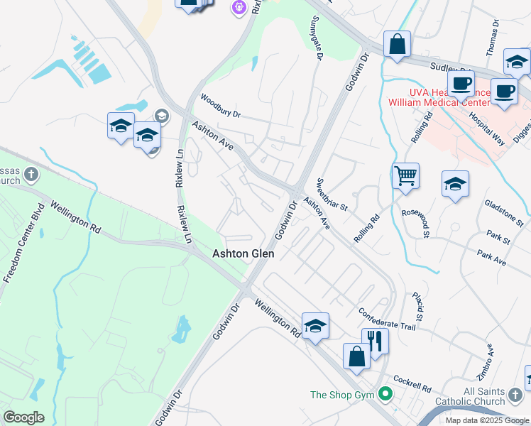 map of restaurants, bars, coffee shops, grocery stores, and more near 8950 Golden Oak Drive in Manassas