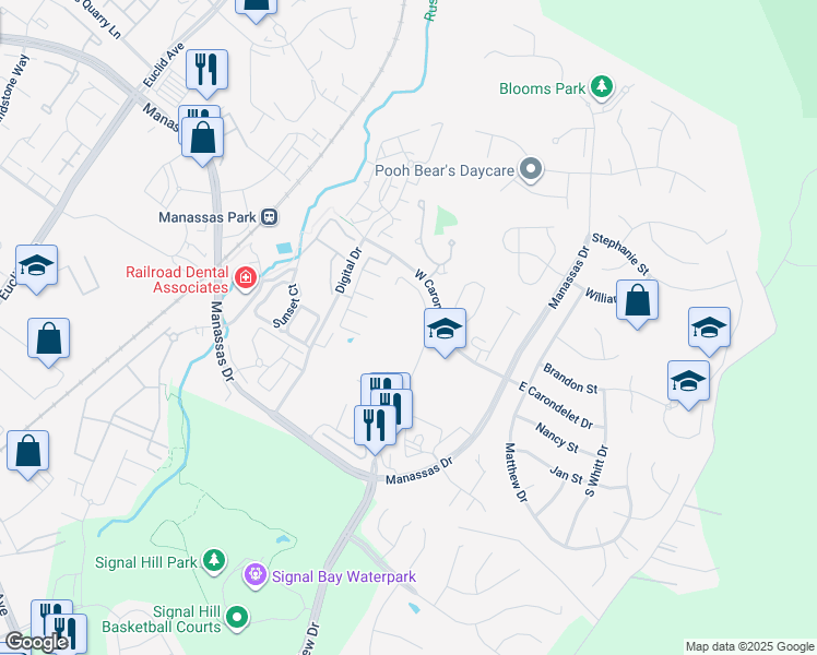 map of restaurants, bars, coffee shops, grocery stores, and more near 9416 Wilcoxen Drive in Manassas Park