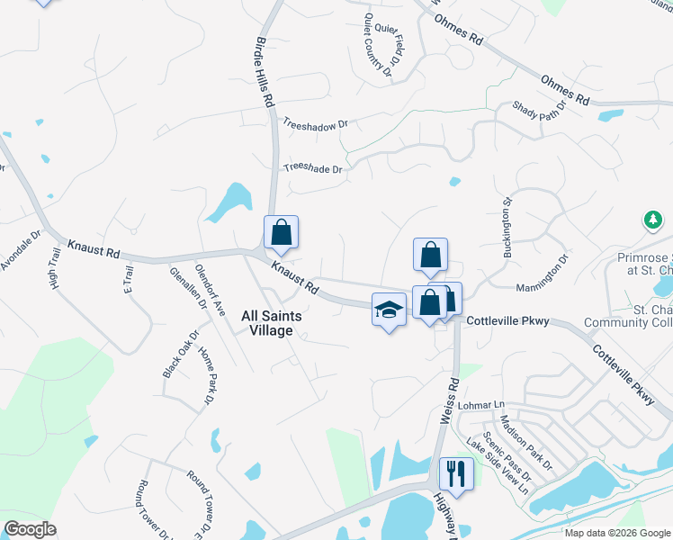 map of restaurants, bars, coffee shops, grocery stores, and more near 14 Castle Pointe Court in St. Peters