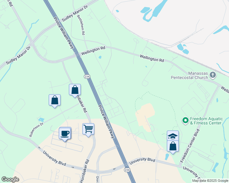 map of restaurants, bars, coffee shops, grocery stores, and more near 8226 Wellington Road in Manassas