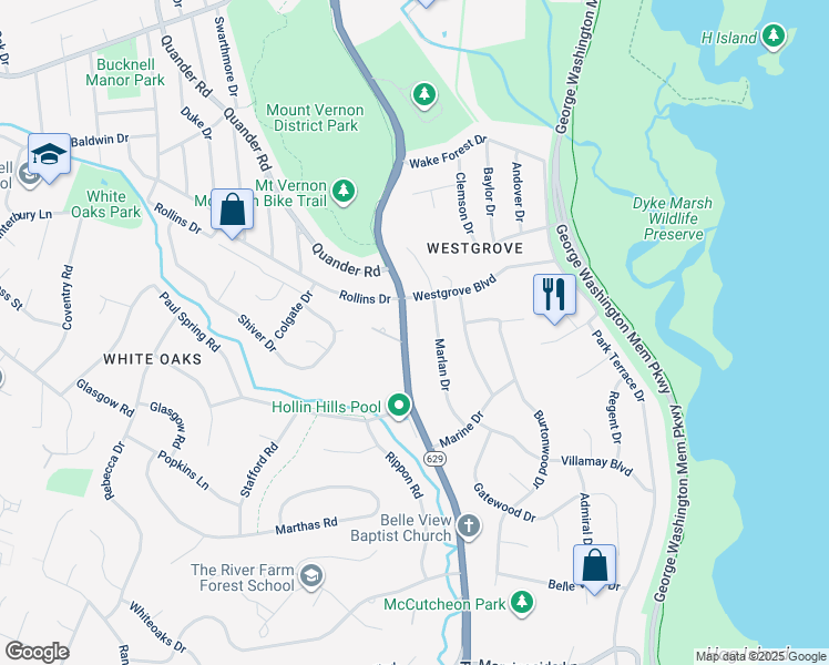 map of restaurants, bars, coffee shops, grocery stores, and more near 7107 Fort Hunt Road in Alexandria