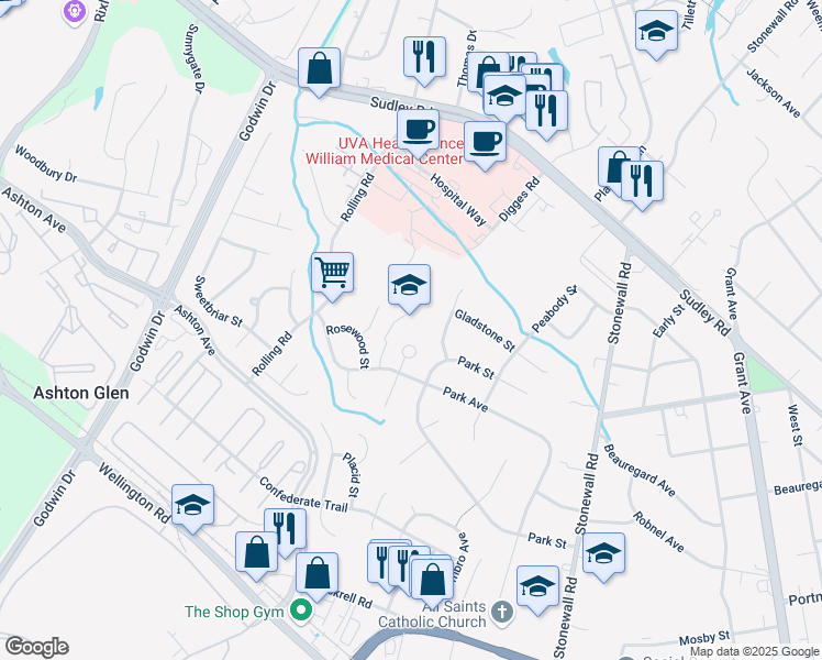map of restaurants, bars, coffee shops, grocery stores, and more near 9075 Park Avenue in Manassas