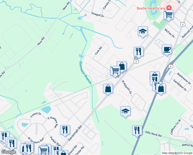map of restaurants, bars, coffee shops, grocery stores, and more near 16377 Seneca Street in Lewes