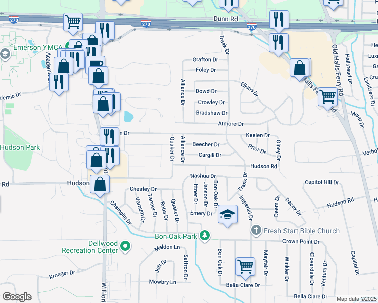 map of restaurants, bars, coffee shops, grocery stores, and more near 10508 Alliance Drive in St. Louis