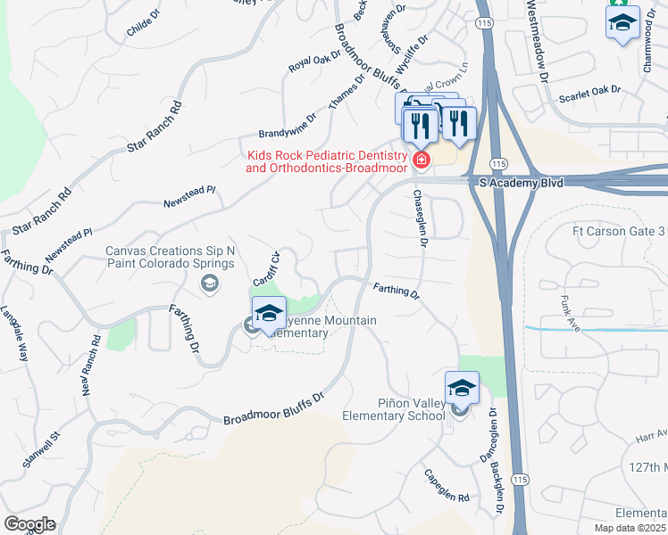 map of restaurants, bars, coffee shops, grocery stores, and more near 4864 Spanish Heights in Colorado Springs