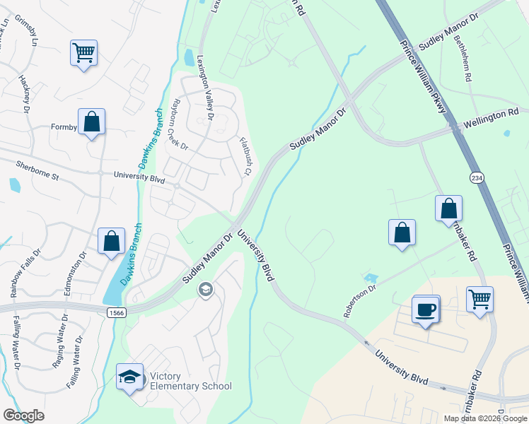 map of restaurants, bars, coffee shops, grocery stores, and more near 9040 Clayton Road in Manassas