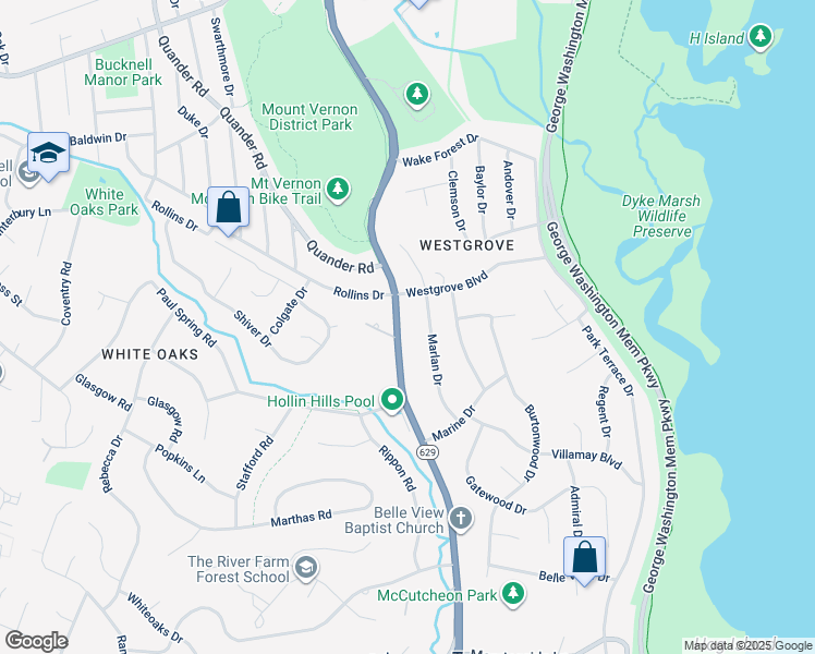 map of restaurants, bars, coffee shops, grocery stores, and more near 7107 Fort Hunt Road in Alexandria