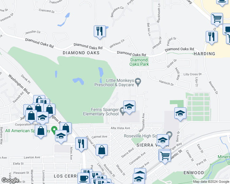 map of restaurants, bars, coffee shops, grocery stores, and more near 271 Spyglass Hill in Roseville